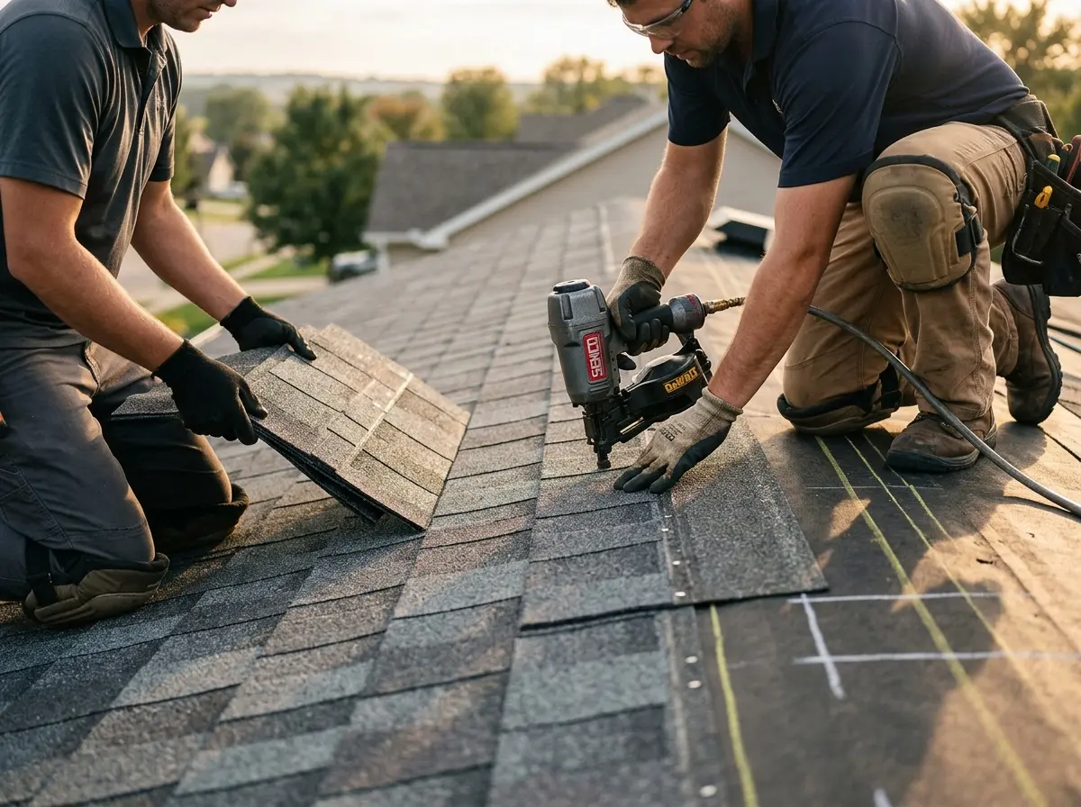 Professional roofer working on a residential roof in Pineville